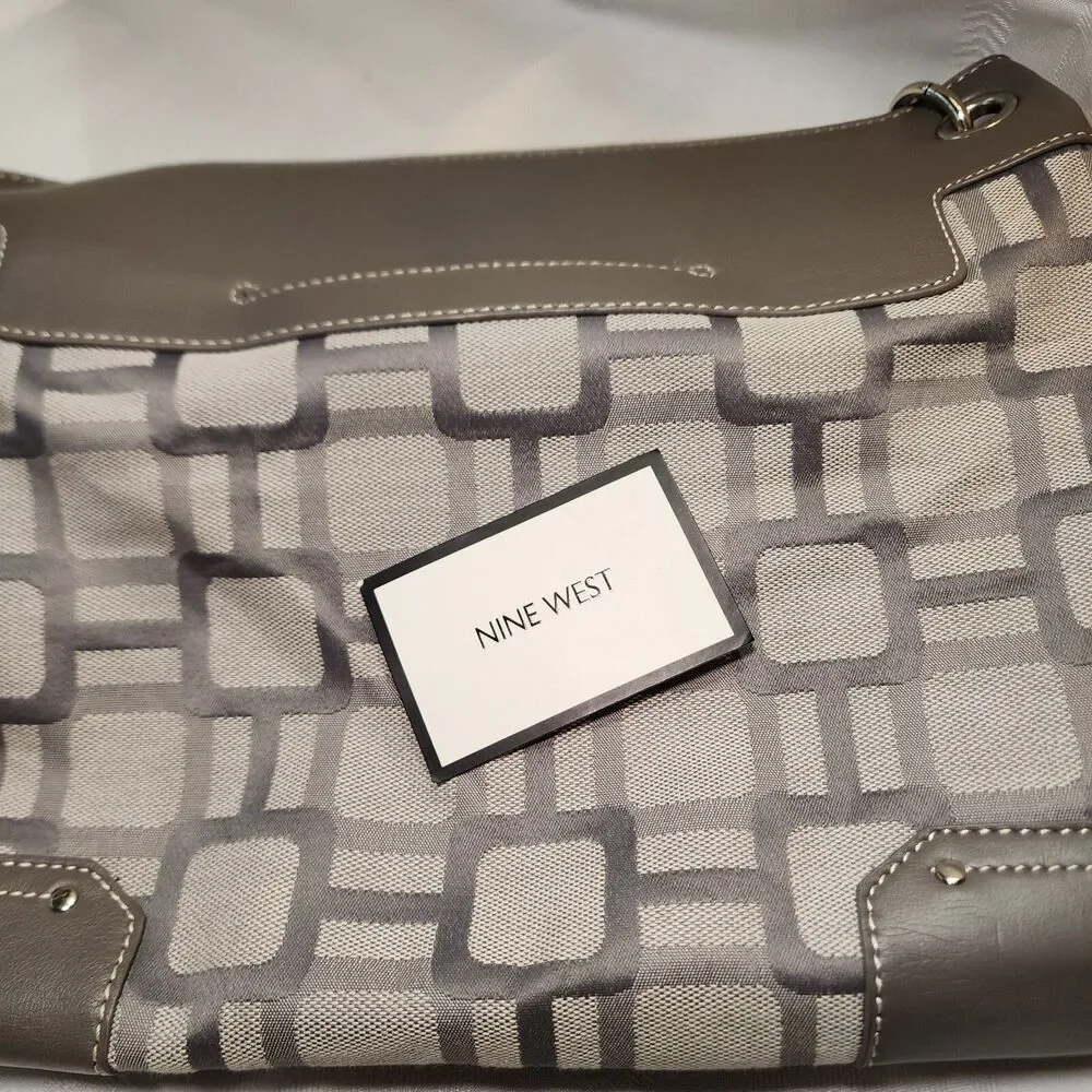 Nine West Purse Shoulder Bag Tote Geometric Blocks Platinum Gray Neutral Roomy